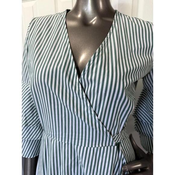 Calvin Klein Women's 4 Striped Bell Sleeve Cotton Wrap Dress Pockets Green White - Picture 3 of 12